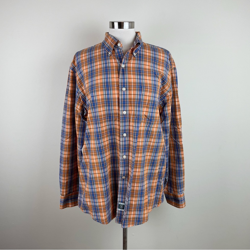 Izod Heritage Tartan Orange Blue Plaid Check Long Sleeve Button Down Shirt Men